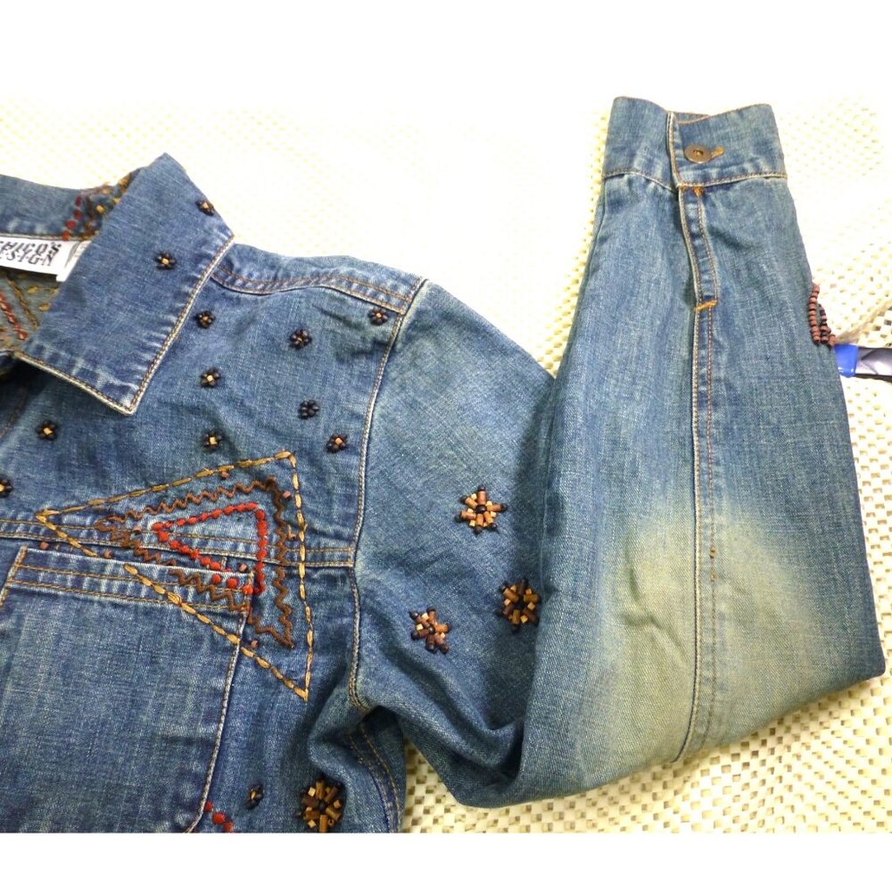 Chicos Design Embellished Denim Jacket Beaded Floral Embroidery Button Front Wom - Picture 6 of 15